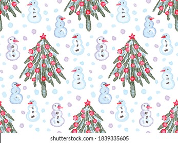 Seamless hand drawn vector Christmas pattern - decorated christmas tree and snowmen in watercolor style