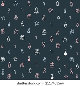 Patrón navideño de vectores sin manchas con árboles de Navidad, regalos, ornamentos, bastones de caramelo, estrellas, campanas