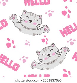 Seamless hand drawn vector kitten pattern with cute smiling cats and positive greetings Hello