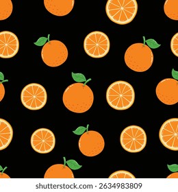 Seamless Hand Drawn Vector Orange Fruit Pattern Design Black Background