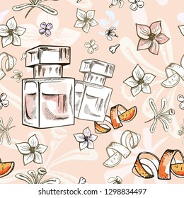 Seamless Hand drawn vector pattern with perfume bottle and flowers. Vector design background.