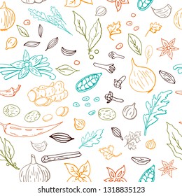 Seamless hand drawn vector pattern with different outline spices isolated on white background
