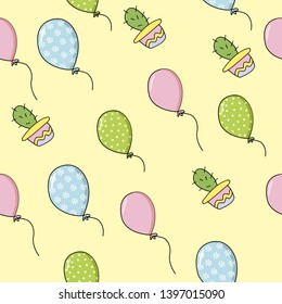 Seamless Hand Drawn Vector Pattern With Cute Cartoon  Baloons And Cactus In Kids Colors. Funny Endless Texture With Doodle Childish Elements Blue Red Green On Yellow Background