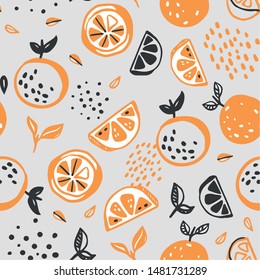 Seamless hand drawn vector pattern of decorative
oranges. Citrus background.