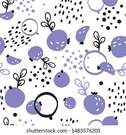 Seamless hand drawn vector pattern of decorative blueberries. Berry background.