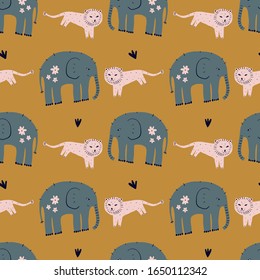 Seamless hand drawn vector pattern with elephant and lion, cute safari animals, tropical kids wrapping paper in nursery scandinavian style, Africa wildlife concept