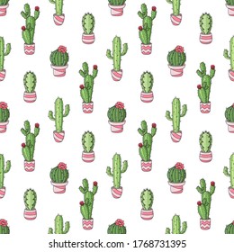 Seamless hand drawn vector pattern with cute cactus in a flower pot. Fun floral background for card, print, poster, advertising, fabric, wallpaper, package, wrapping paper, textile, banner, web.