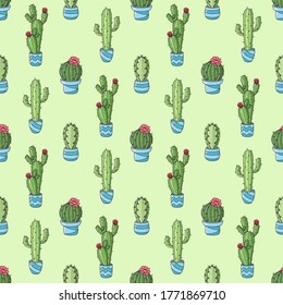 Seamless hand drawn vector pattern with cute cacti in a pots on green background. Beautiful texture for card, print, poster, advertising, fabric, wallpaper, package, wrapping paper, textile, banner