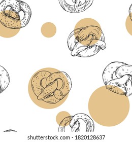 Seamless hand drawn vector pattern. Pretzel illustartion background for packaging, wrapping, wallpaper