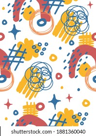 Patrón de vectores dibujados a mano sin inconvenientes. Depilaciones, manchas y rojos, amarillos y azules irregulares aislados en un fondo blanco. Impresión de garabatos abstractos de corte ideal para tejido. Lugares blancos y negros.