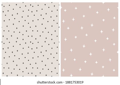 Seamless Hand Drawn Vector Pattern with White and Black Irregular Stars Isolated on a Light Dusty Pink and Warm Gray Background. Cute Abstract Doodle Print ideal for Fabric, Textile.