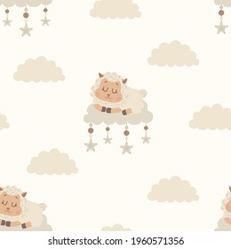 Seamless hand drawn vector pattern with cute cartoon sheeps, clouds and stars on white background.