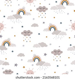 Seamless hand drawn vector pattern with cute cartoon Rainbow, clouds, moon, sun and stars background. Design for, wallpaper, wrapping, printing, fabric, swaddles, apparel.