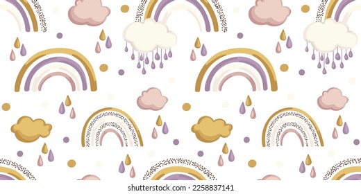 Seamless hand drawn vector pattern with cute cartoon rainbow, clouds and rain on halftone white background. Design for print, fabric , wallpaper, card