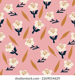 Seamless hand drawn vector pattern with pink background and white flowers with ocher leaves. designed for wallpaper background textile post cards banners poster