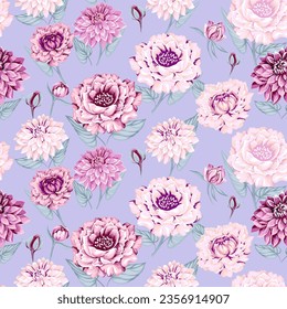 Seamless hand drawn vector pattern of peonies, dahlies  with leaves. Abstract, artistic, modern, feminine cute flowers background. Floral tapestry. Template for design