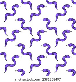 Seamless hand drawn vector pattern with purple striped snakes. Vector flat illustration background.