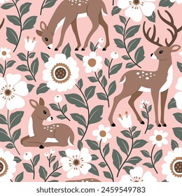 Seamless hand drawn vector pattern with deer and fawn on floral background. Perfect for textile, wallpaper or print design.