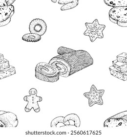 Seamless hand drawn vector pattern of festive Christmas treats. Gingerbread cookies, Swiss rolls, nougat and vanil biscuits. Black and white background perfect for holiday bakery themed designs.