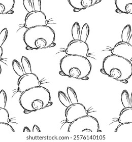 Seamless hand drawn vector pattern of cute bunnies in playful positions for kids sketch design vector illustration