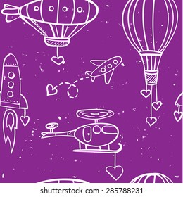 Seamless hand drawn vector pattern with airplane, balloon, rocket ufo and cartoon hearts. Wallpaper for children's room, greeting card, wrapping paper, background.