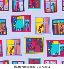 Seamless hand drawn vector pattern with windows elements in cute style.