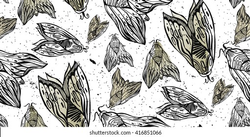 Seamless hand drawn vector  pattern of night fly and moths illustration.Template for making paper, wall paper, fabrics, textiles, packaging.Grunge modern texture background
