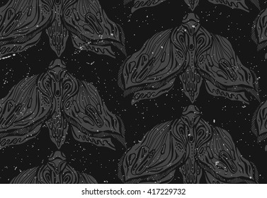 Seamless hand drawn vector  pattern of moths illustration.Template for making paper, wall paper,fabrics, textiles, packaging.Grunge modern texture background.Dark romance,spirituality,occultism,magic.