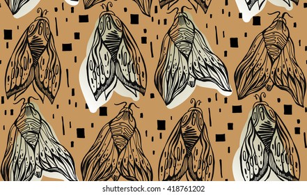 Seamless hand drawn vector  pattern of butterfly and moths illustration on ocher background.Dark romance, love, occultism, alchemy, magic, mysticism.