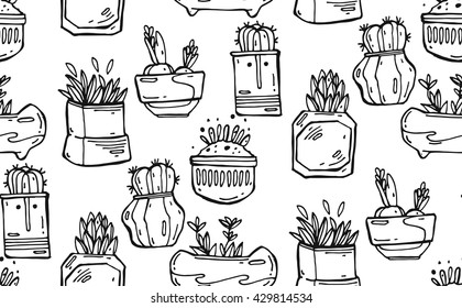 Seamless hand drawn vector pattern with cactus. Pattern of cactus. Cacti in pots. Vector background. Cute cartoon cactus pattern.Black and white.