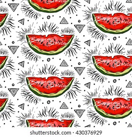 Seamless hand drawn vector pattern with watermelon slices on white background. Vector illustration.Summer sweets lettering.