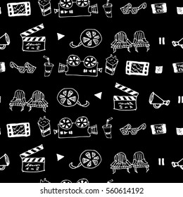 Seamless hand drawn vector pattern with cinema attributes for textile, ceramics, fabric, print, cards, wrapping