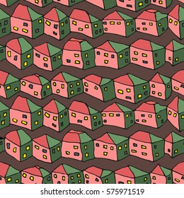 Seamless hand drawn vector pattern with homes for textile, ceramics, fabric, print, cards, wrapping