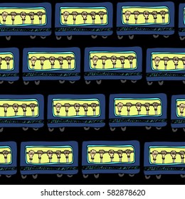 Seamless hand drawn vector pattern with wagons train or metro. Background for textile, ceramics, fabric, print, cards, wrapping
