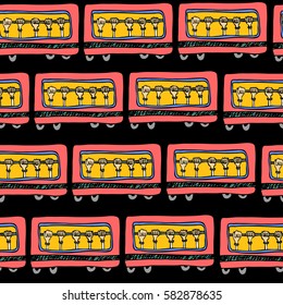 Seamless hand drawn vector pattern with wagons train or metro. Background for textile, ceramics, fabric, print, cards, wrapping