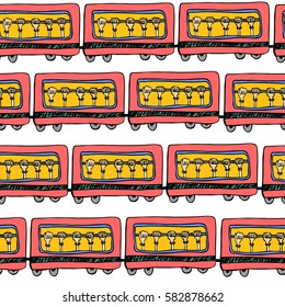 Seamless hand drawn vector pattern with wagons train or metro. Background for textile, ceramics, fabric, print, cards, wrapping