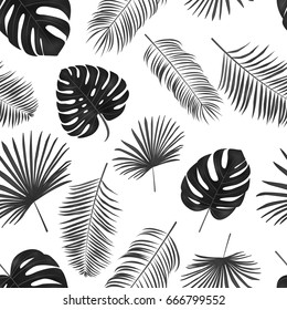 Seamless hand drawn  vector pattern with green palm leaves on white background.