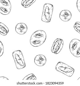 Seamless hand drawn vector pattern.Bread and rolls illustartion background for packaging, wrapping, wallpaper