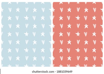 Seamless Hand Drawn Vector Patterns Set. White Irregular Hearts and Stars Isolated on a Pastel Blue and Pale Red Background. Cute Abstract Doodle Print ideal for Fabric. Scribles Made with Brush.