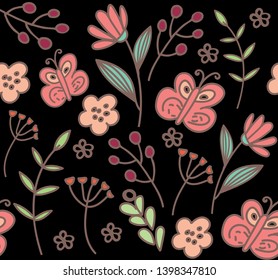 Seamless
hand drawn vector postcard with flowers and butterflies. Doodle  illustration