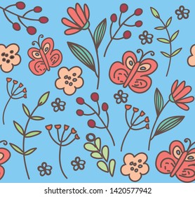 Seamless
hand drawn vector postcard with flowers and butterflies. Doodle  illustration