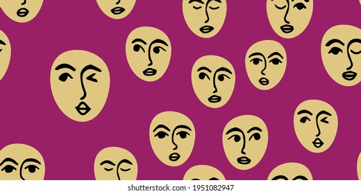 Seamless Hand Drawn Vector print. Women Faces Pattern. Emotions, Smile, Vision, Wink. Women's Friendship, Women's Association. Seamless Vector Pattern.