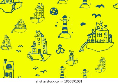 Seamless Hand Drawn Vector print. Repeating Tone. Driftwood Threadbare textile. Batik Textile. Fashionable Ink Blur. Magenta and Violet. Vector Houses Pattern.