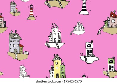 Seamless Hand Drawn Vector print. Endless color. Driftwood Carpet. Flannel textile. Good Watercolor paint. Ruby and Lilac. Vector Fisherman Houses Pattern.