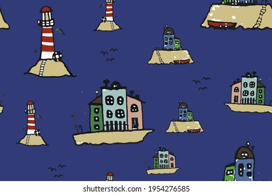 Seamless Hand Drawn Vector print. Reflecting background. Driftwood Ethnic Embroidery. Boho style. Posh Aquarelle paint. Pink and Indigo. Vector Fisherman Houses Pattern.