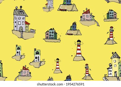 Seamless Hand Drawn Vector print. Mirror print. Driftwood Motley Print. Wool Textile. Fashionable Wash Drawing. Burgundy and Violet. Vector Fisherman Houses Pattern.