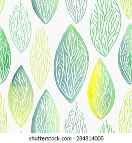 Seamless hand drawn vector watercolor pattern with leaves and leafage structure. 