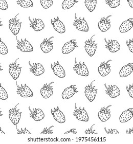 Seamless hand drawn vector wild strawberry pattern. Summer berries, harvest bright fruit. Seasonal dessert tracery, ornament for design