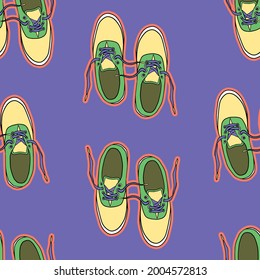 Seamless hand drawn vector yellow and green skate shoes pattern design on purple background endless repeating ornament