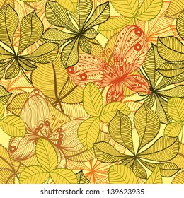 Seamless hand drawn vintage background with autumn leaves and butterflies